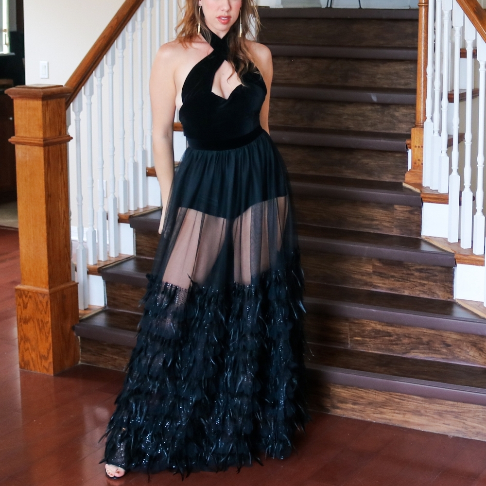 Gorgeous black feather gown one of a kind custome designer prom dress runway